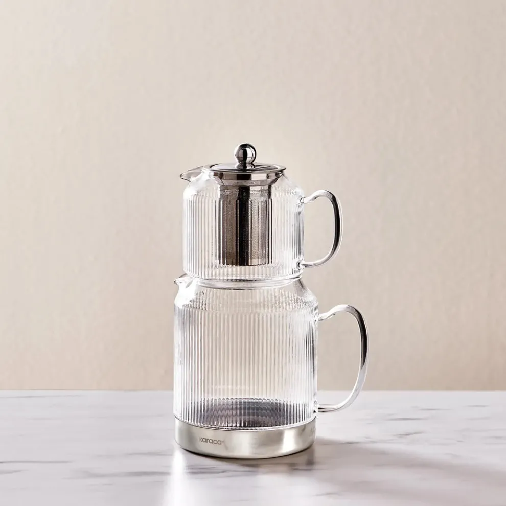 Karaca Kelly Borosilicate Glass Induction Teapot Set, Medium, Transparent Silver