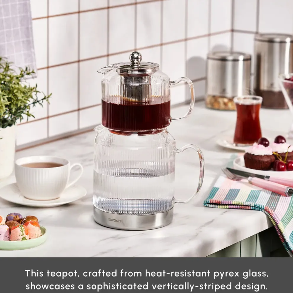 Karaca Kelly Borosilicate Glass Induction Teapot Set, Medium, Transparent Silver