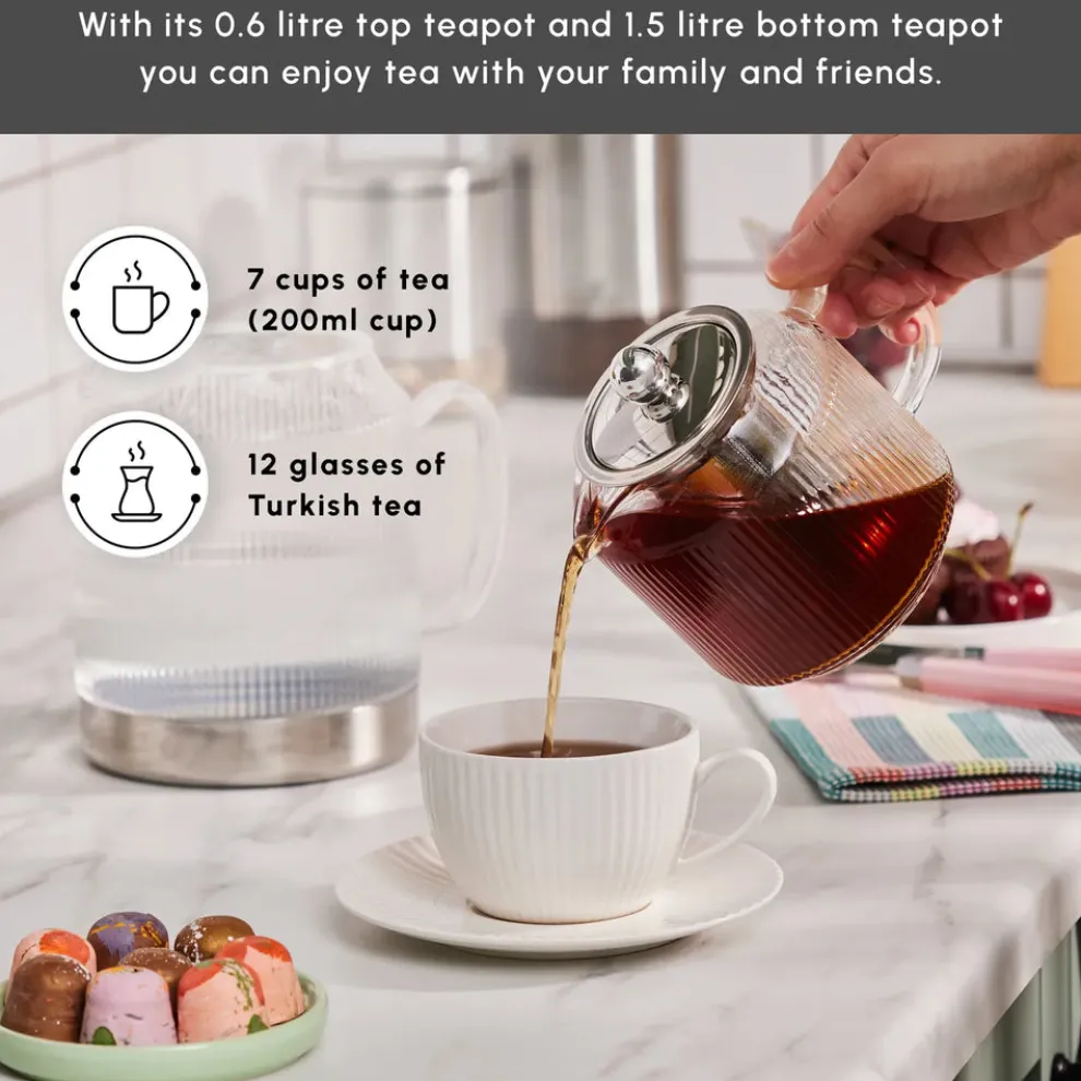 Karaca Kelly Borosilicate Glass Induction Teapot Set, Medium, Transparent Silver