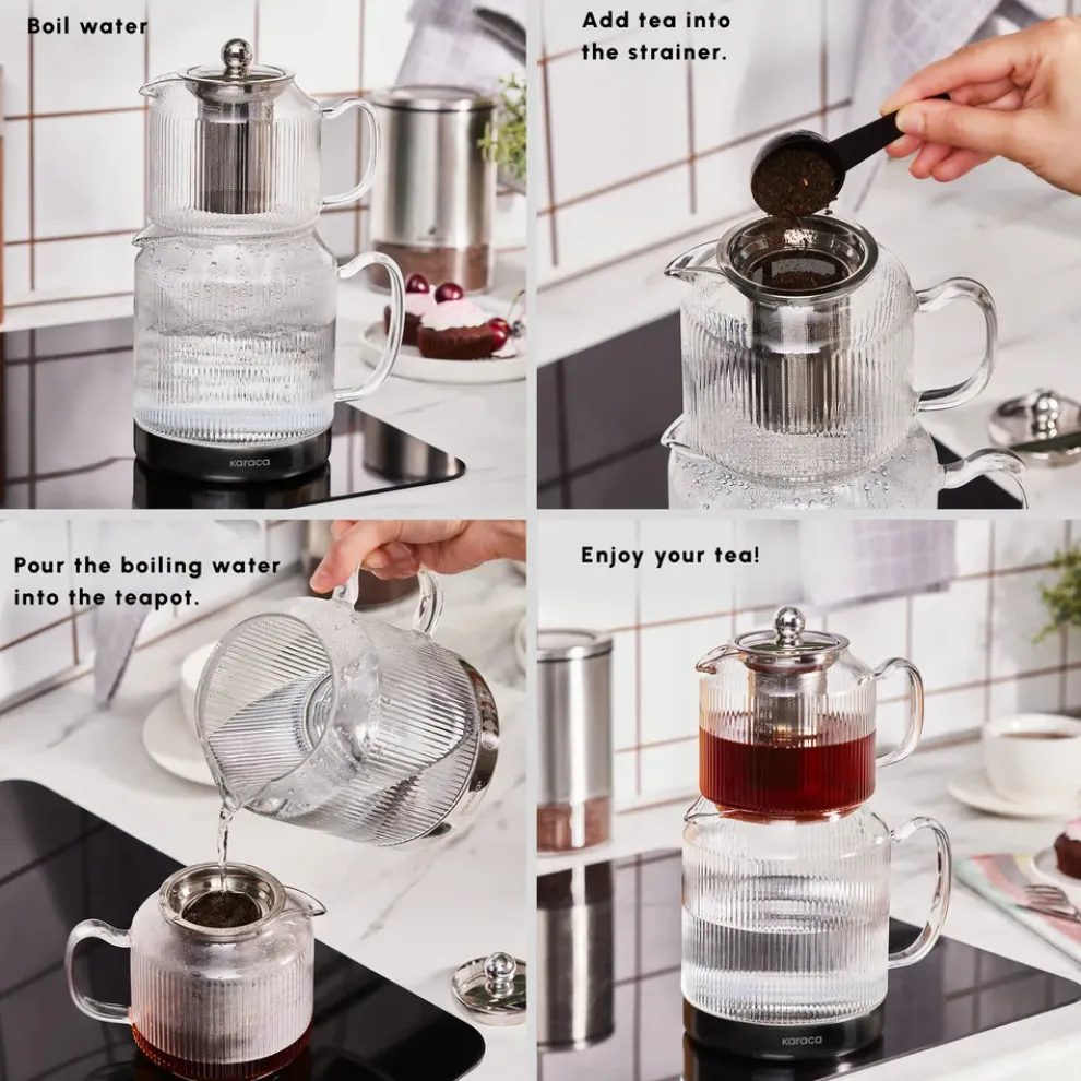 Karaca Kelly Borosilicate Glass Induction Teapot Set, Medium, Transparent Silver