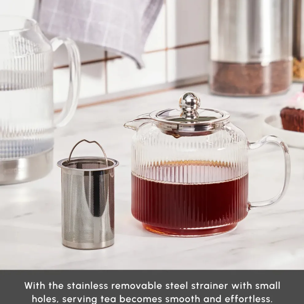 Karaca Kelly Borosilicate Glass Induction Teapot Set, Medium, Transparent Silver