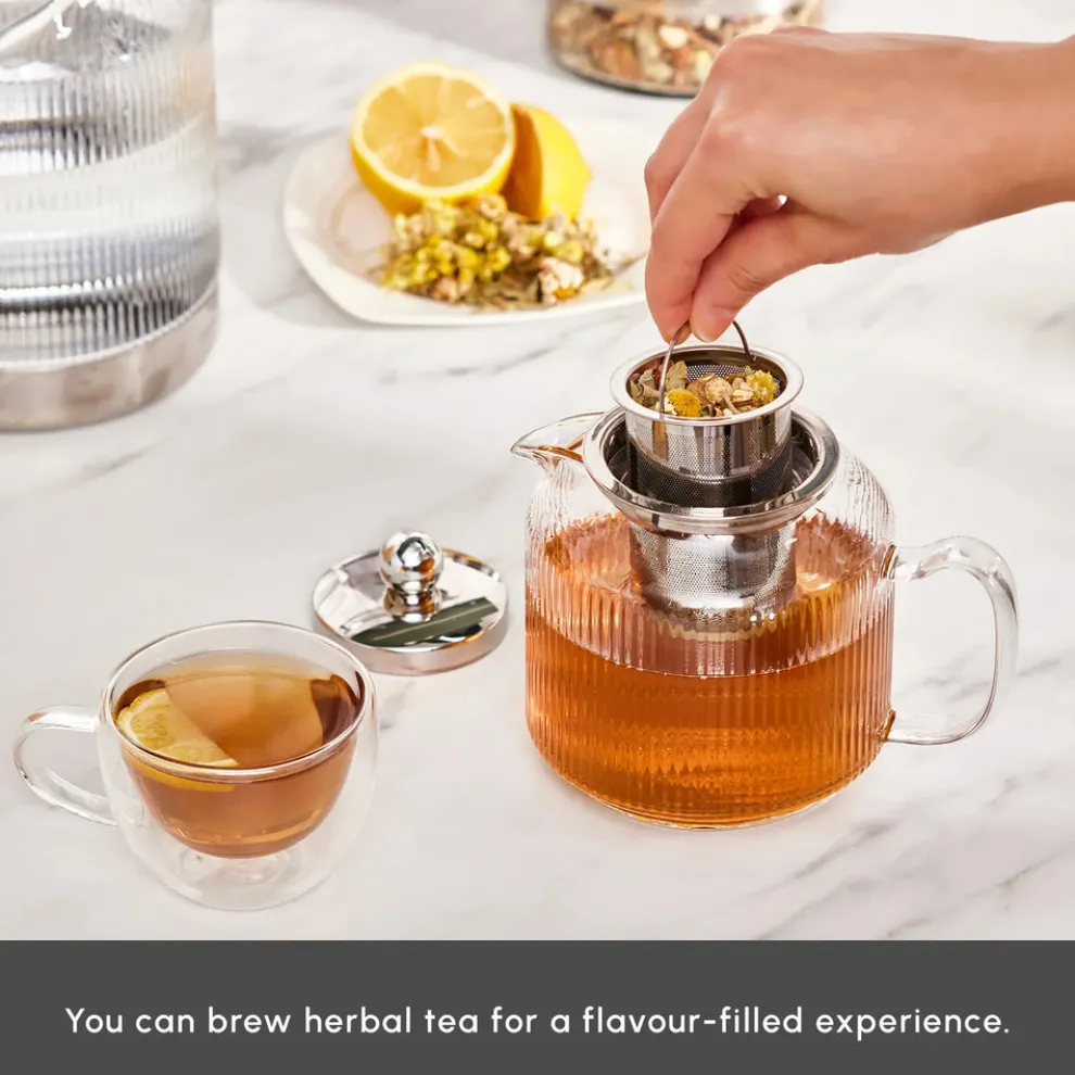 Karaca Kelly Borosilicate Glass Induction Teapot Set, Medium, Transparent Silver