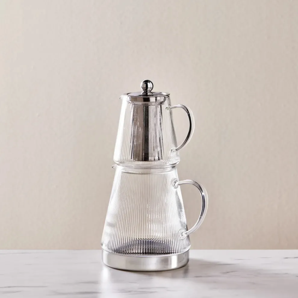 Karaca Keops Borosilicate Glass Teapot Set, Transparent Silver