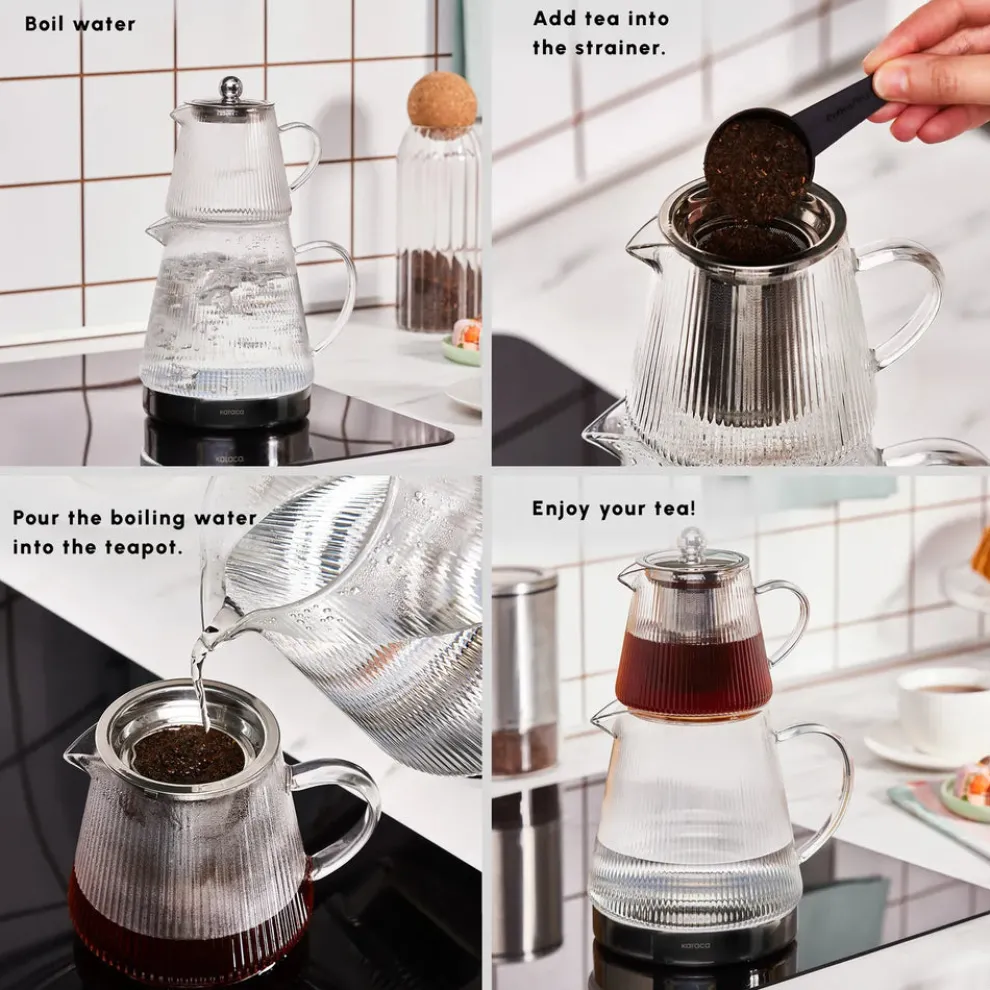 Karaca Keops Borosilicate Glass Teapot Set, Transparent Silver