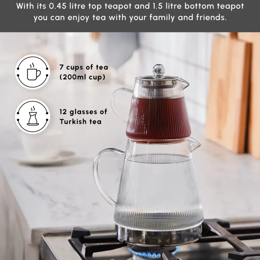 Karaca Keops Borosilicate Glass Teapot Set, Transparent Silver