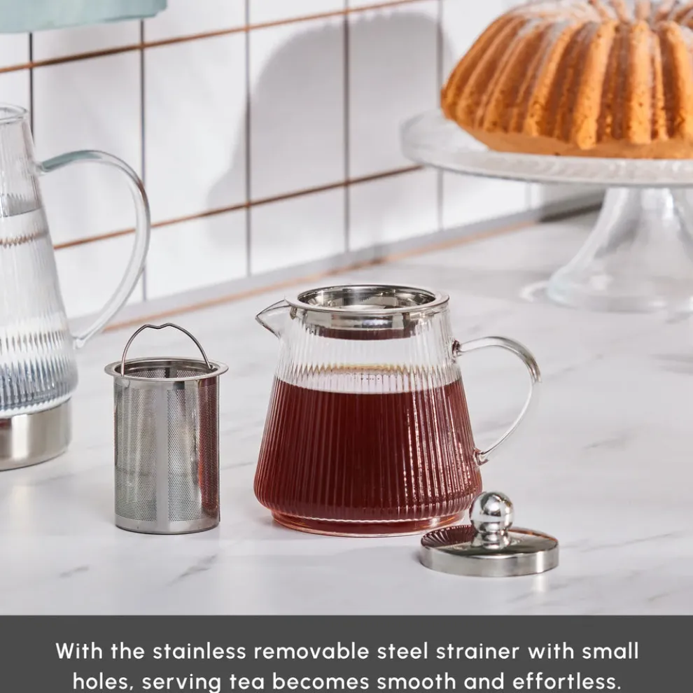 Karaca Keops Borosilicate Glass Teapot Set, Transparent Silver