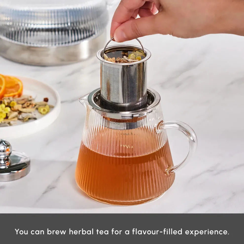 Karaca Keops Borosilicate Glass Teapot Set, Transparent Silver