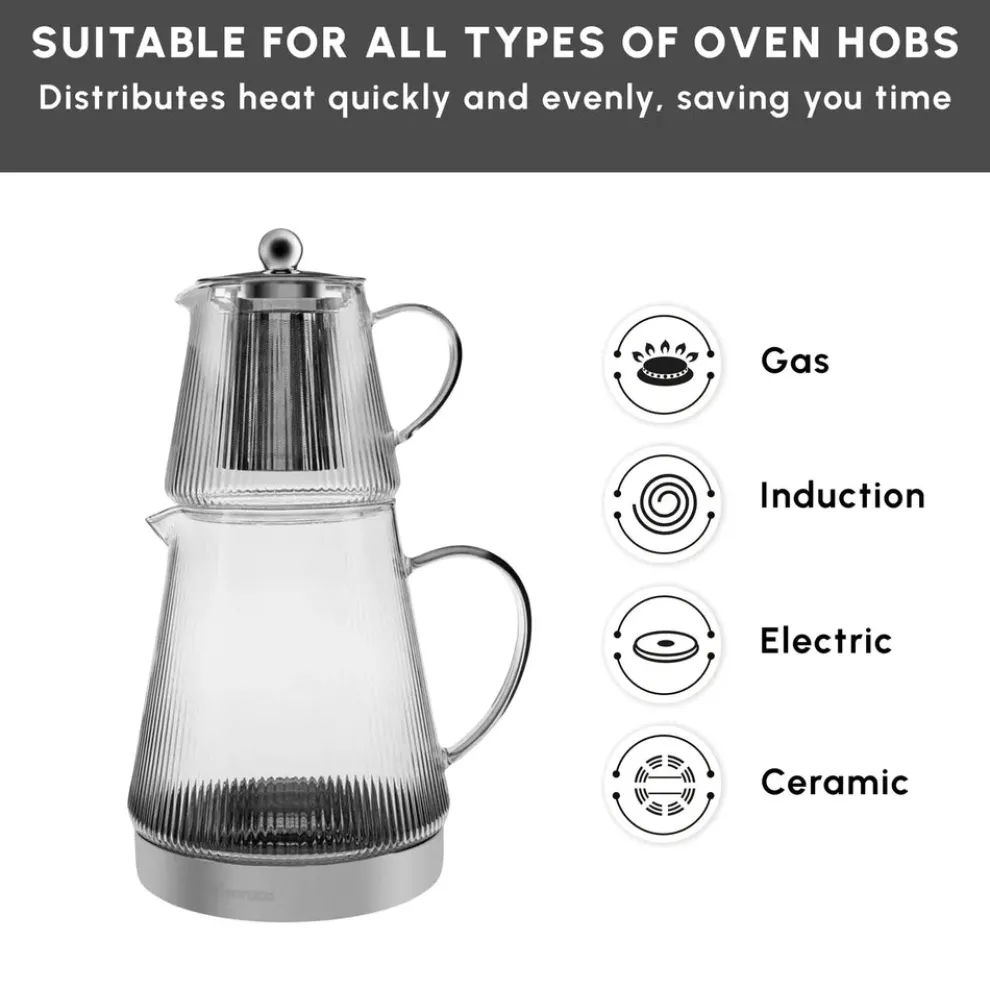 Karaca Keops Borosilicate Glass Teapot Set, Transparent Silver
