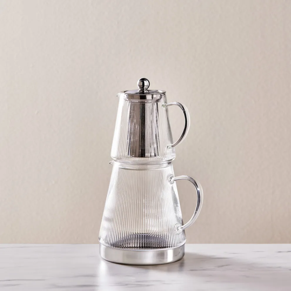 Karaca Keops XL Borosilicate Glass Teapot Set, Transparent Silver