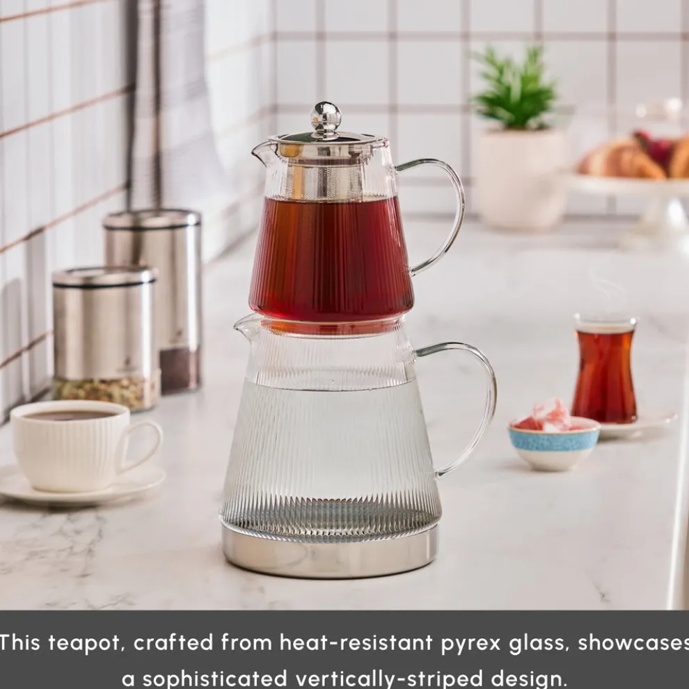 Karaca Keops XL Borosilicate Glass Teapot Set, Transparent Silver