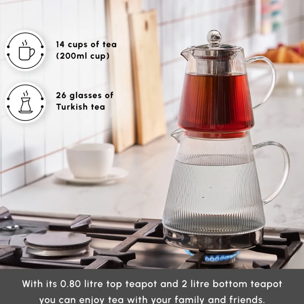 Karaca Keops XL Borosilicate Glass Teapot Set, Transparent Silver