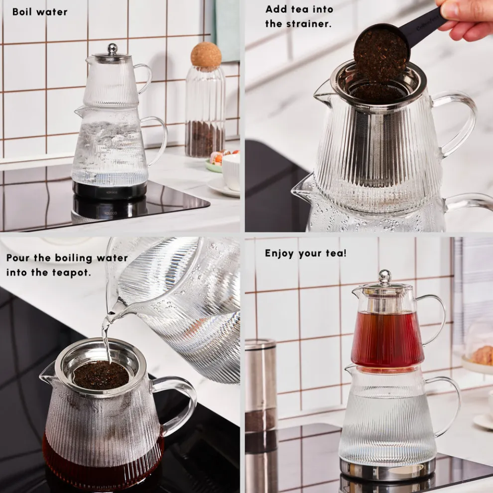 Karaca Keops XL Borosilicate Glass Teapot Set, Transparent Silver