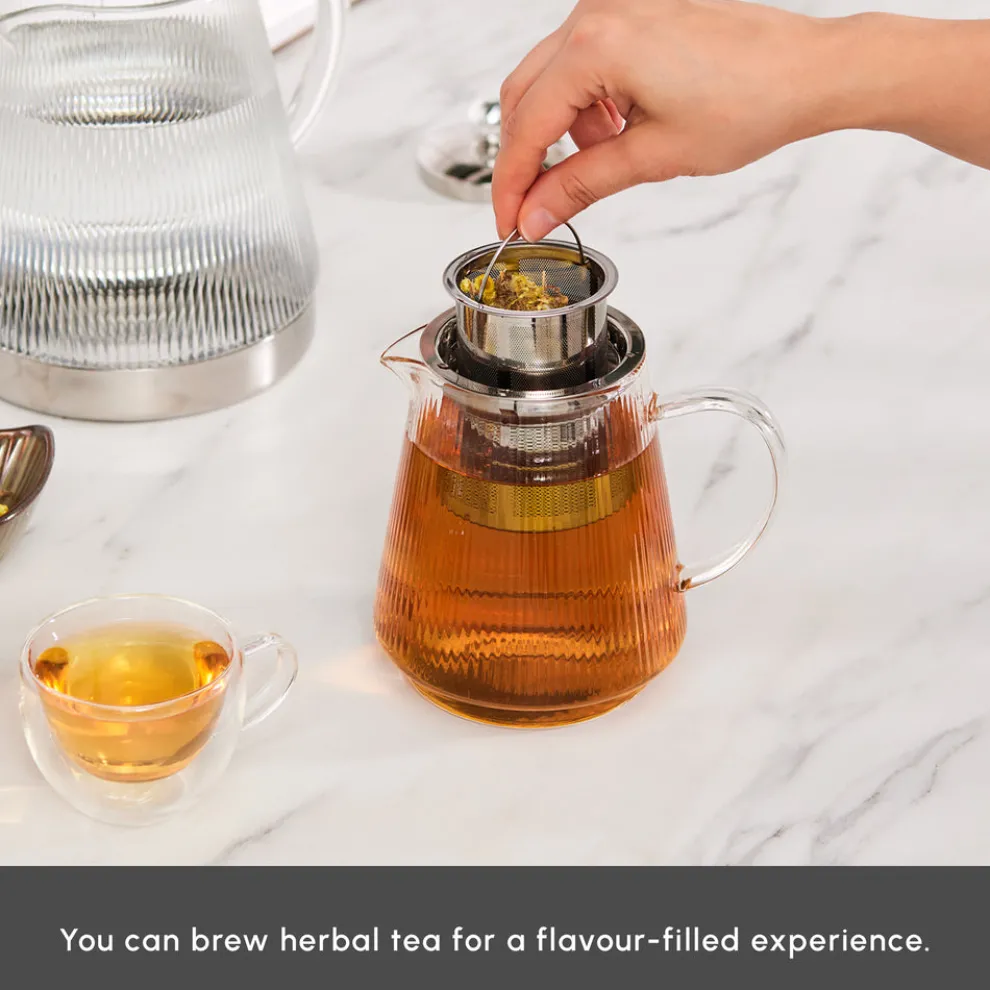 Karaca Keops XL Borosilicate Glass Teapot Set, Transparent Silver