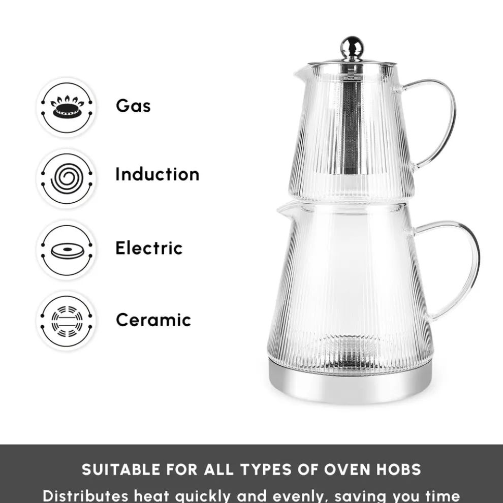 Karaca Keops XL Borosilicate Glass Teapot Set, Transparent Silver