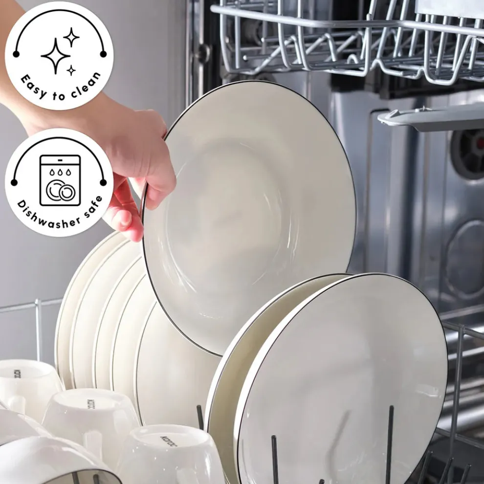 Karaca Lea 30-Piece Bone China Dinner Set for 6 People, White Black