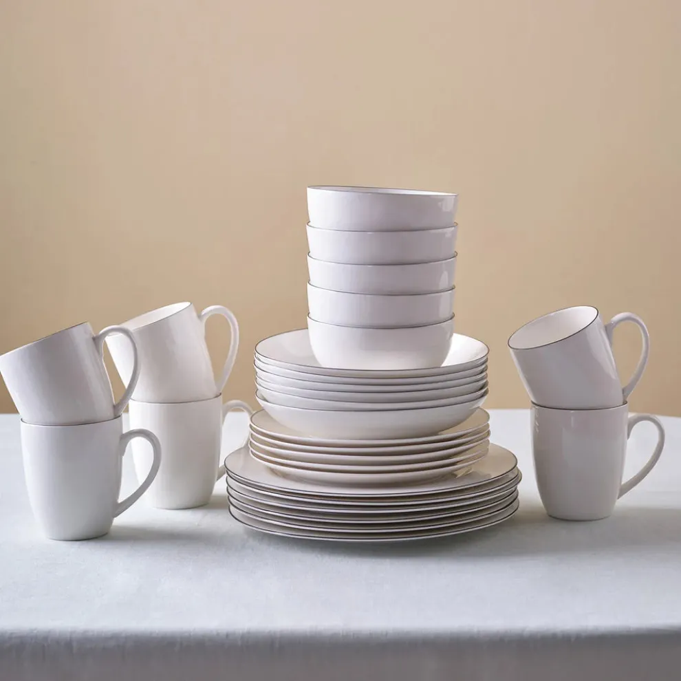 Karaca Lea 30-Piece Bone China Dinner Set for 6 People, White Black