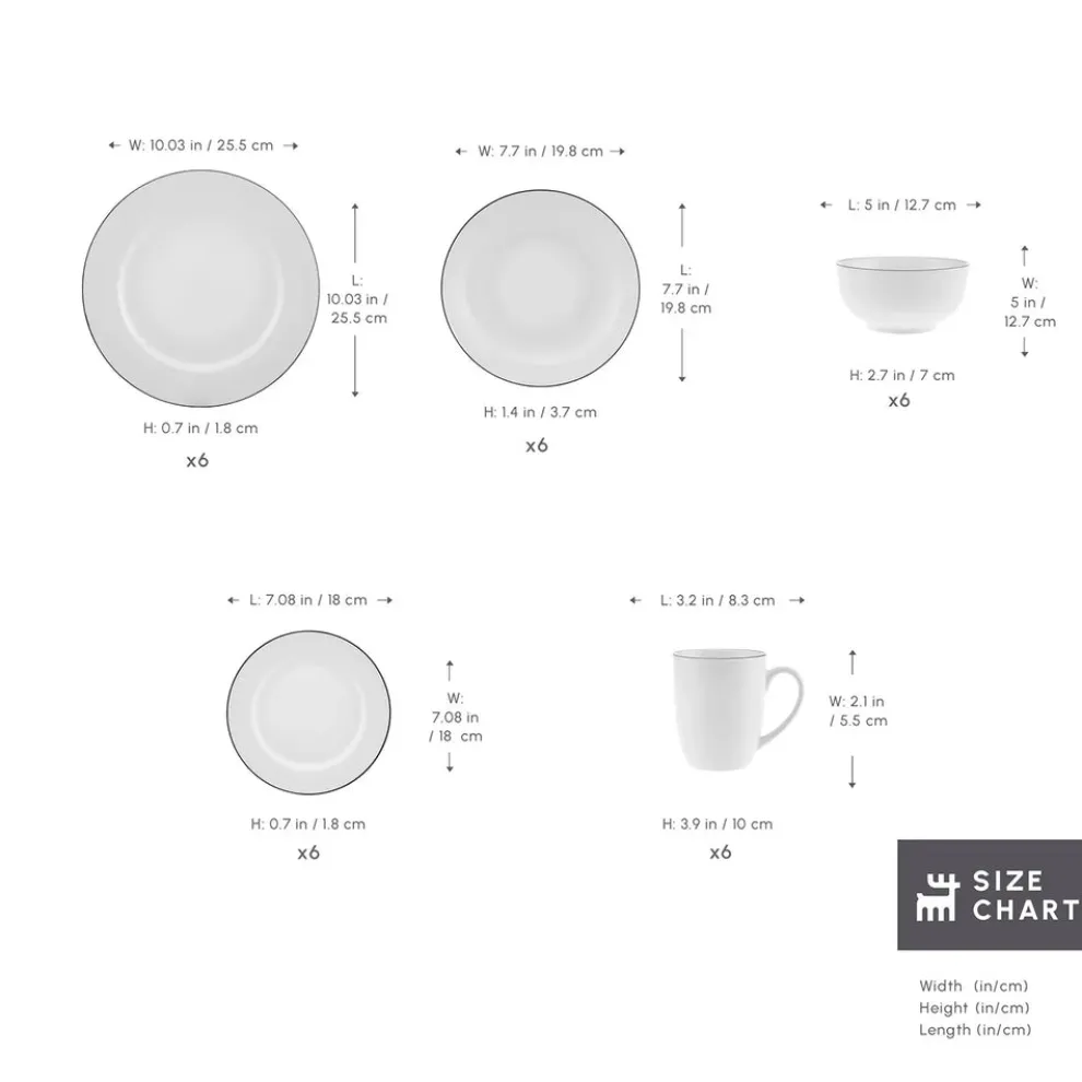 Karaca Lea 30-Piece Bone China Dinner Set for 6 People, White Black