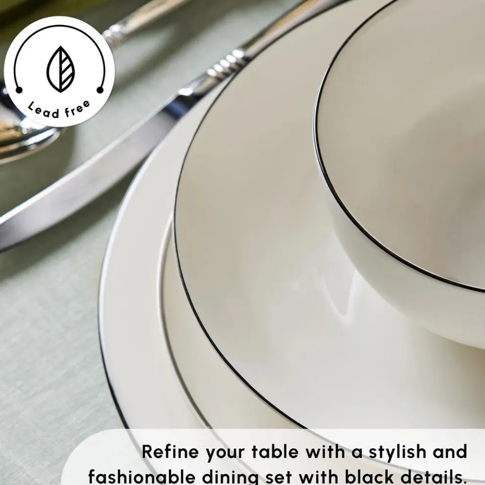 Karaca Lea 30-Piece Bone China Dinner Set for 6 People, White Black