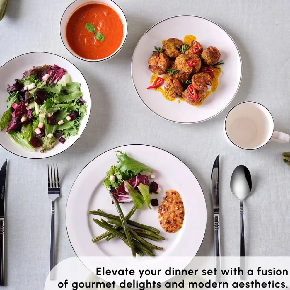 Karaca Lea 30-Piece Bone China Dinner Set for 6 People, White Black