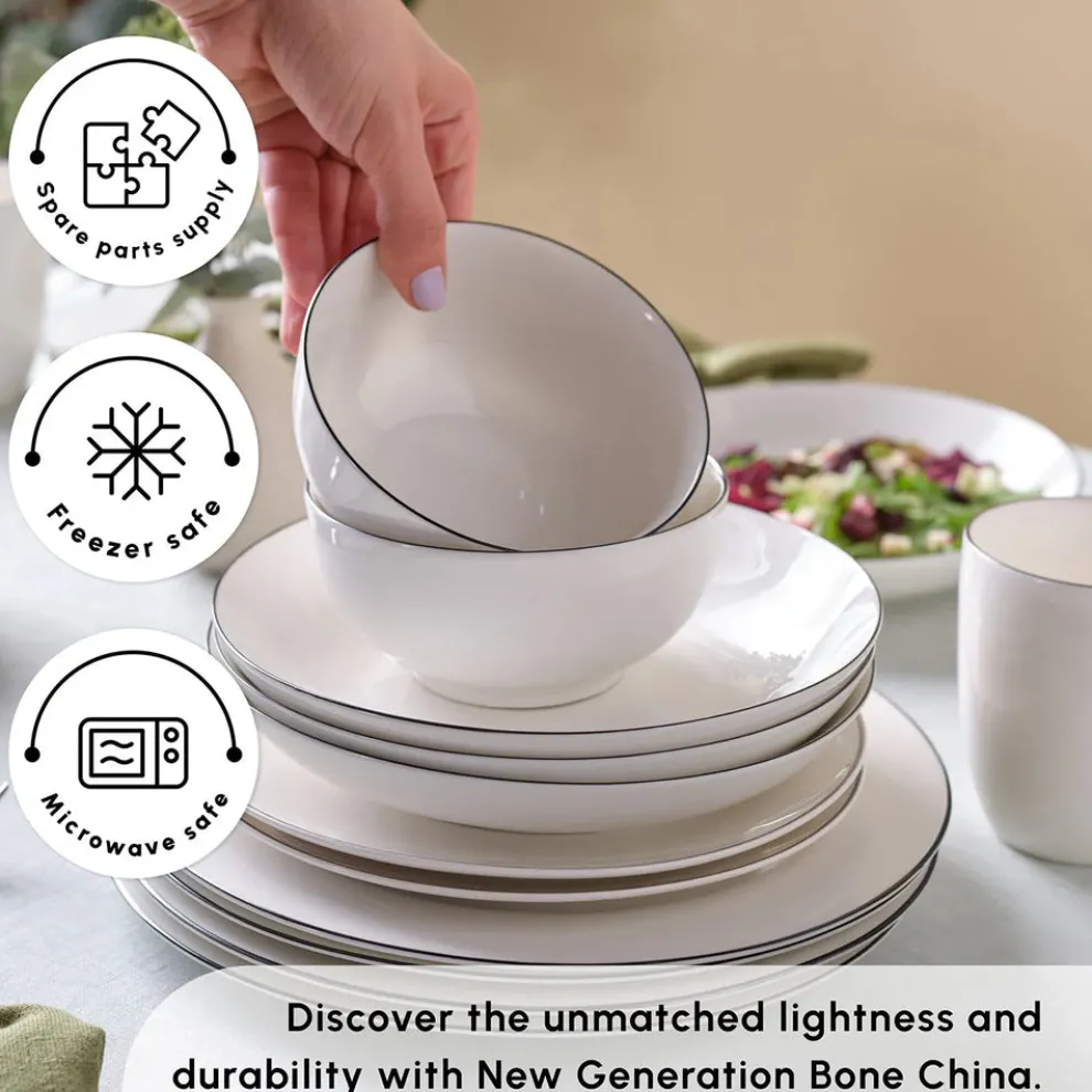 Karaca Lea 30-Piece Bone China Dinner Set for 6 People, White Black