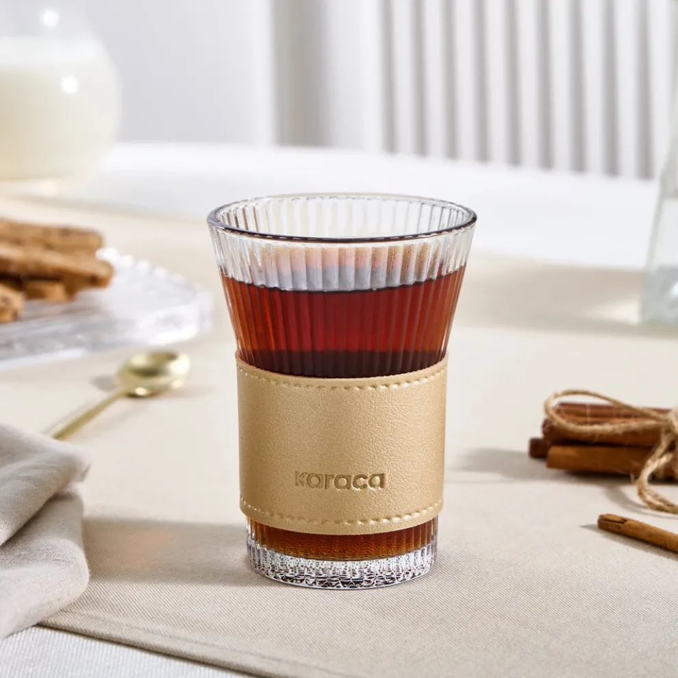 Karaca Leather Cool Touch Latte Coffee Glass, 210 Ml, Gold