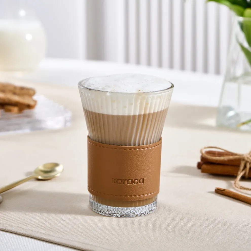 Karaca Leather Cool Touch Latte Coffee Glass, 210 Ml, Brown
