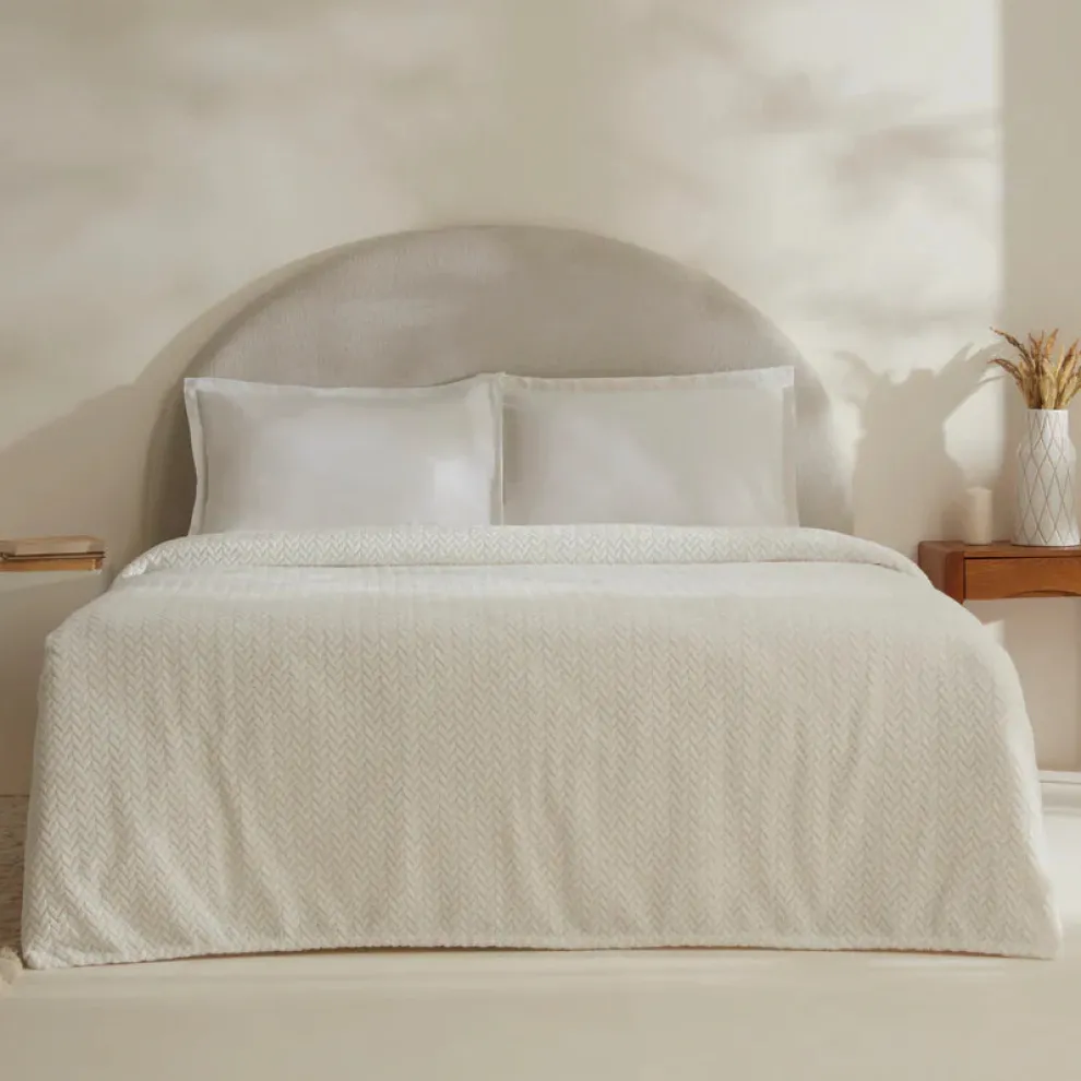Karaca Leaves Wellsoft Blanket, Double, 200x220cm, White