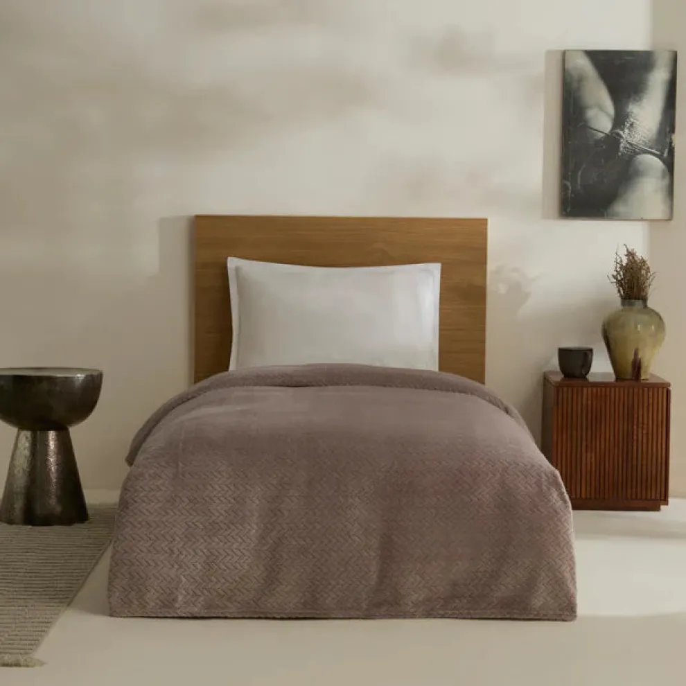 Karaca Leaves Wellsoft Blanket, Double, 200x220cm, Stone