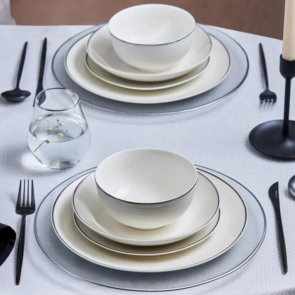 Karaca Leon 24-Piece Porcelain Dinner Set for 6 People, White Platinum