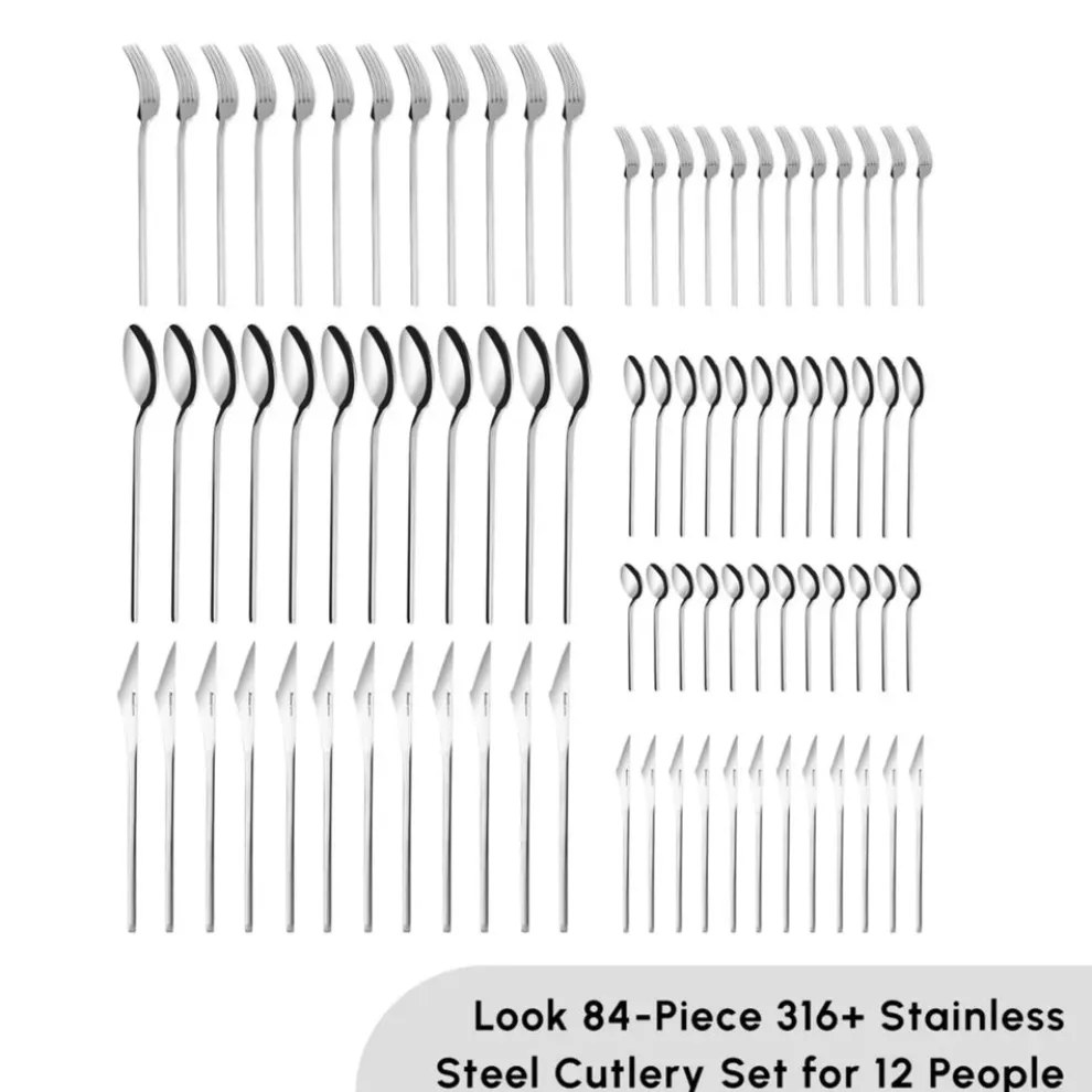 Karaca Look 84-Piece 316+ Stainless Steel Cutlery Set for 12 People, Silver