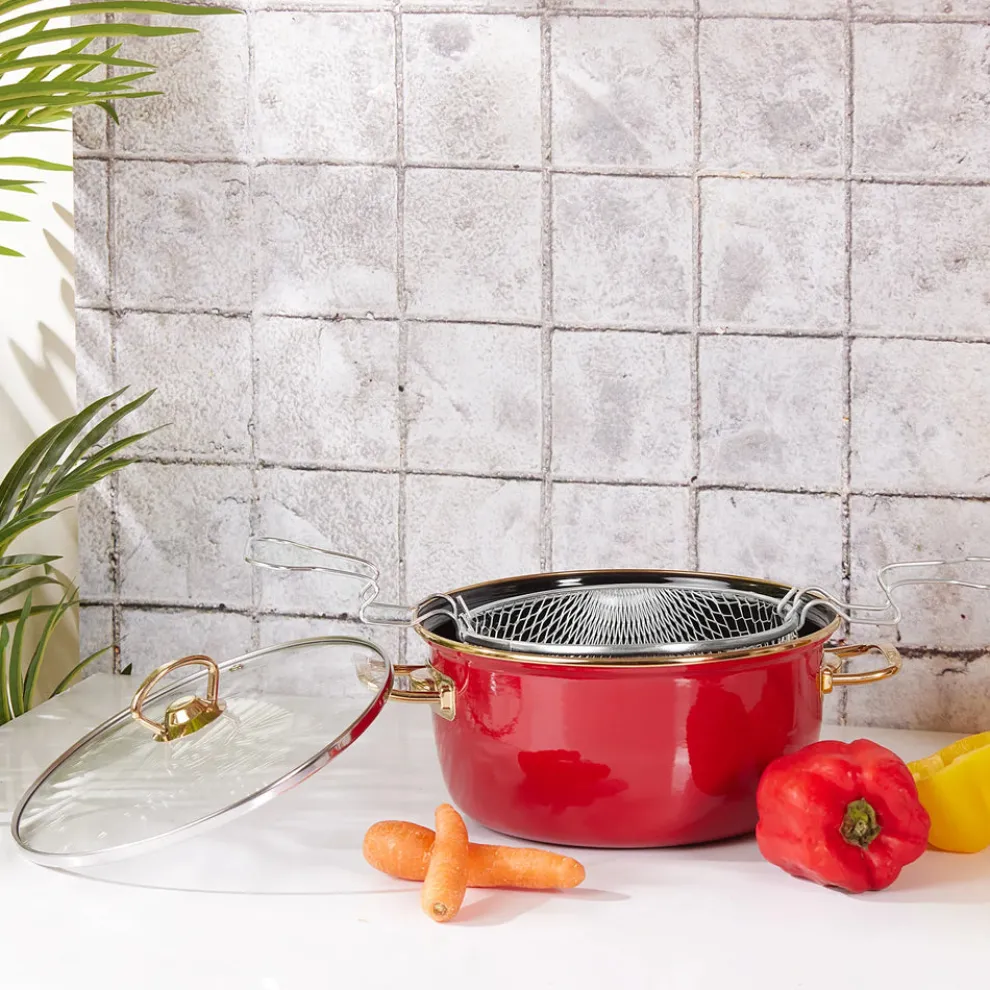 Karaca Love of Kitchen Retro Enamel Induction Frying Pot, 22cm, Red