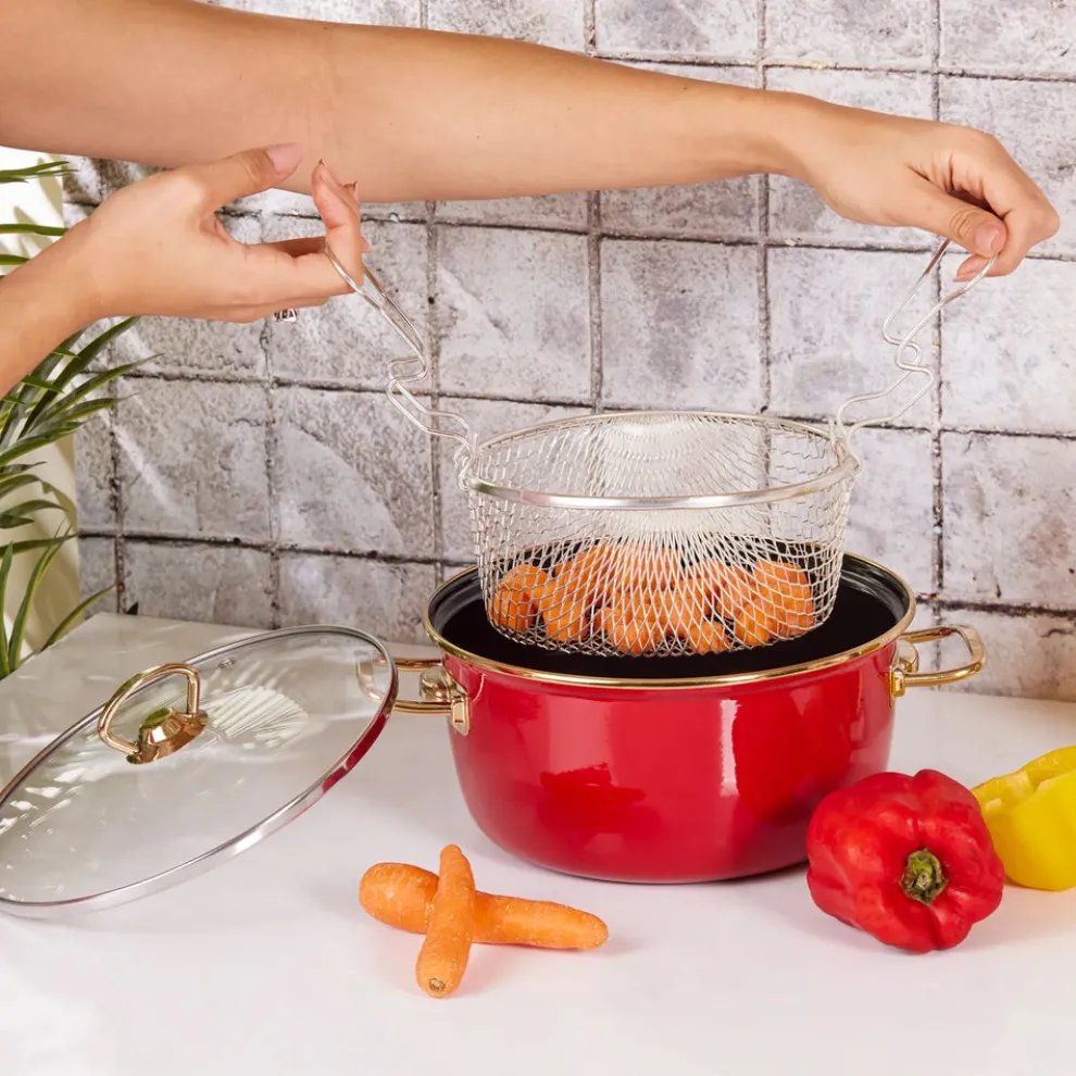 Karaca Love of Kitchen Retro Enamel Induction Frying Pot, 22cm, Red