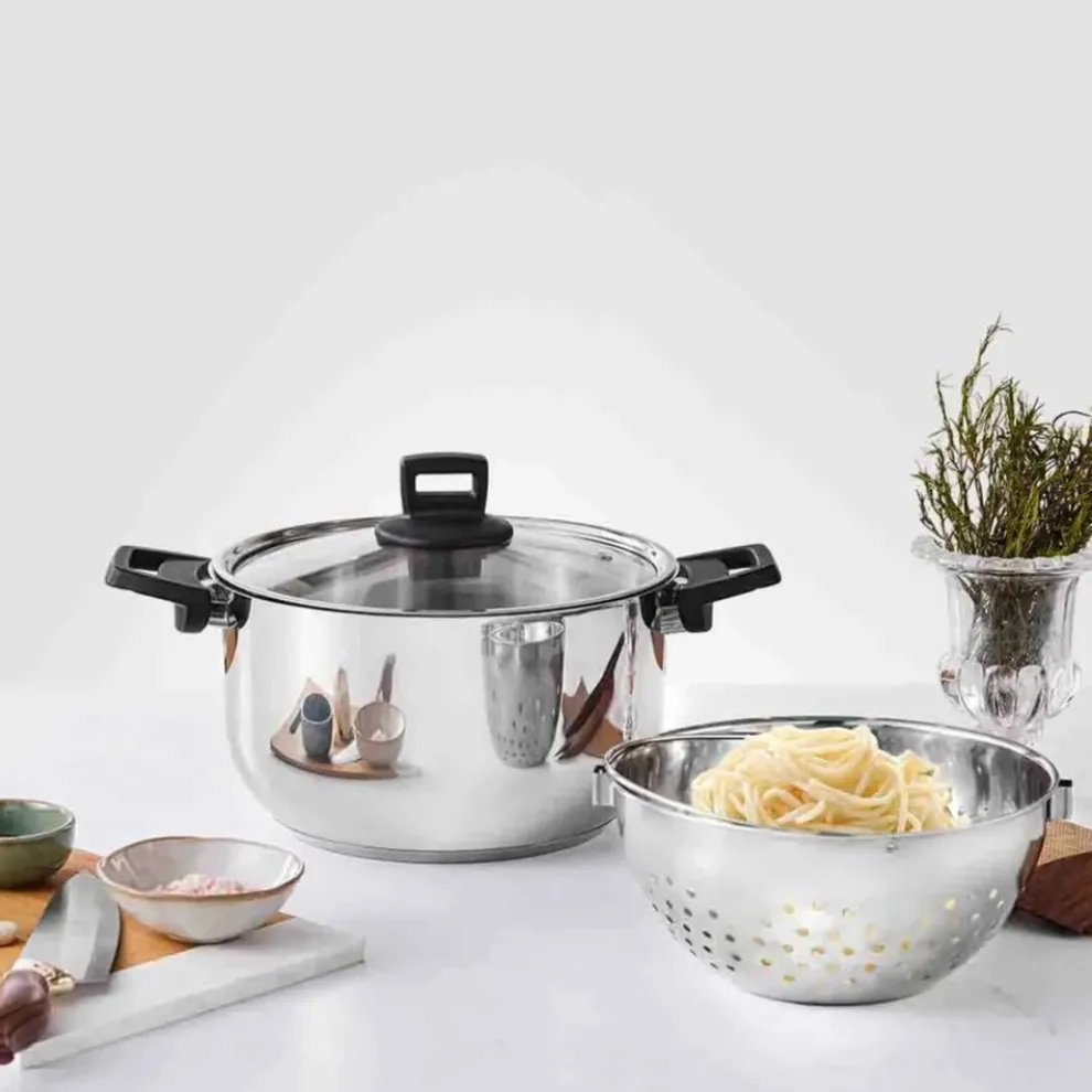 Karaca Love of Kitchen Stainless Steel Induction Pasta Pot and Steamer with Lid, 24cm, Silver