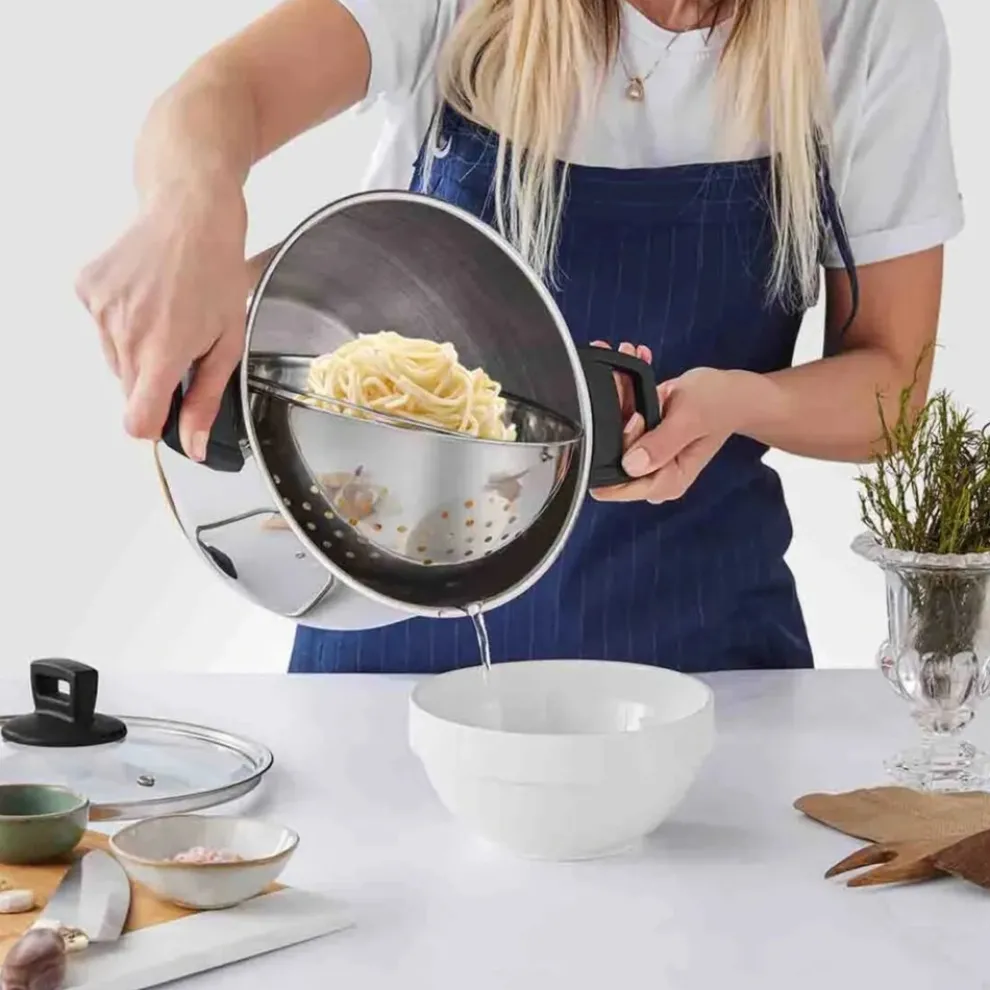 Karaca Love of Kitchen Stainless Steel Induction Pasta Pot and Steamer with Lid, 24cm, Silver