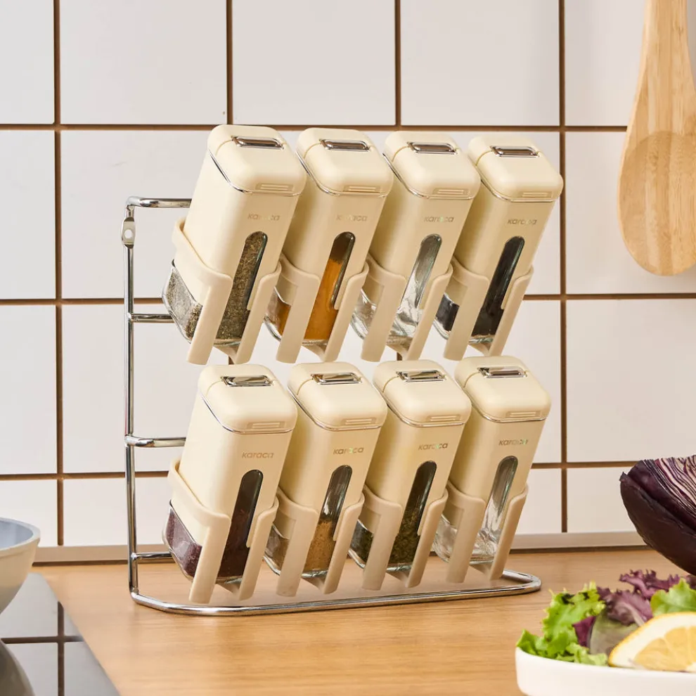 Karaca Luminous 9-Piece Porcelain Spice Jar Set, Cream