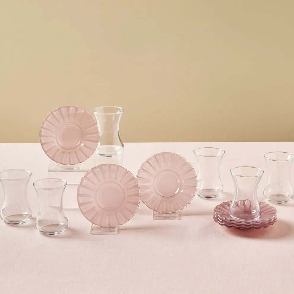 Karaca Luna 12-Piece Turkish Tea Set for 6 People, 130ml, Light Pink