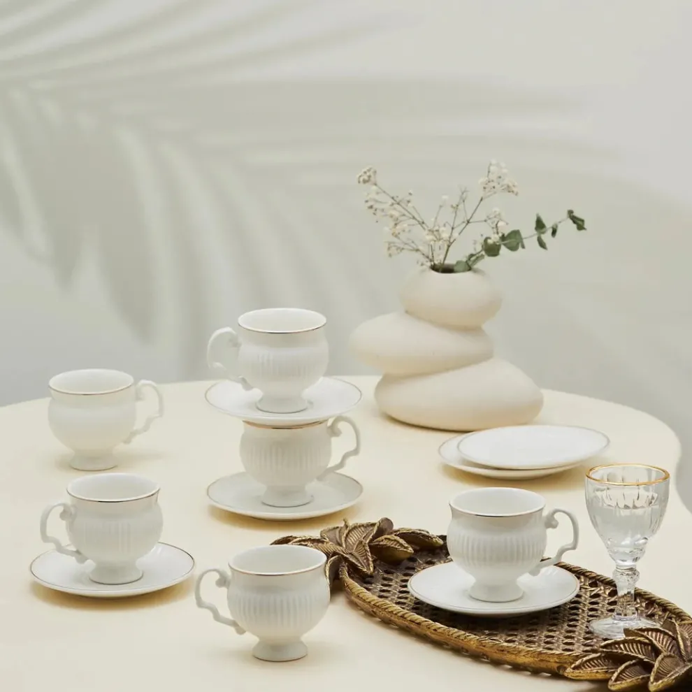 Karaca Malta 12-Piece Porcelain Espresso Turkish Coffee Cup Set for 6 People, 100ml, White Gold
