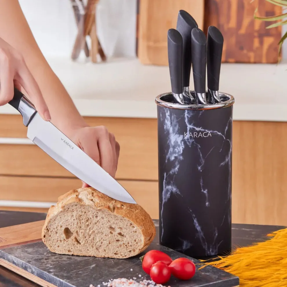 Karaca Marble 5 Piece Knife Block Set, Black