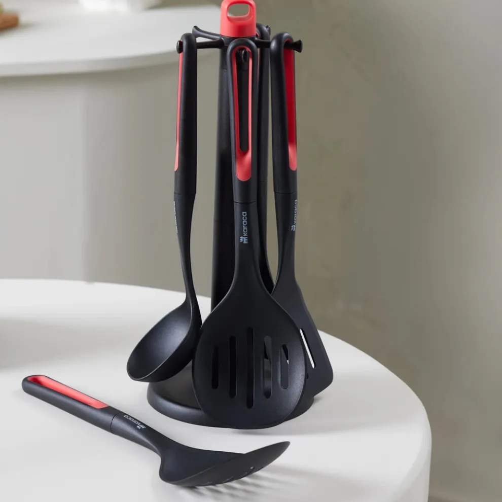 Karaca Marco 6-Piece Kitchen Utensil Set with Stand, Red