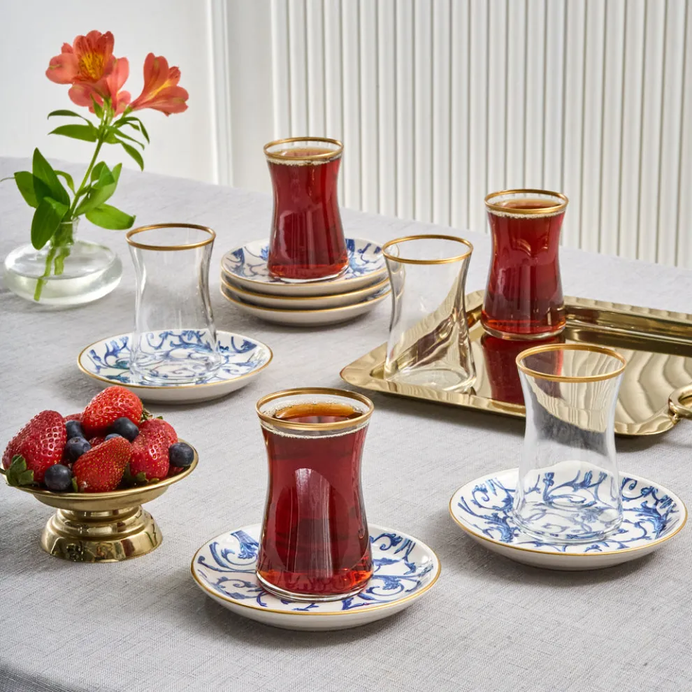 Karaca Mare 12-Piece Glass Turkish Tea Set for 6 People, 170ml, Transparent