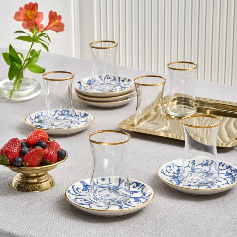 Karaca Mare 12-Piece Glass Turkish Tea Set for 6 People, 170ml, Transparent