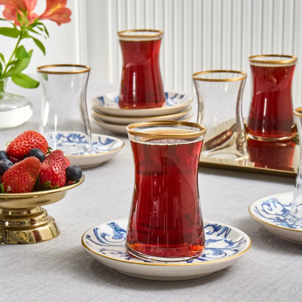 Karaca Mare 12-Piece Glass Turkish Tea Set for 6 People, 170ml, Transparent