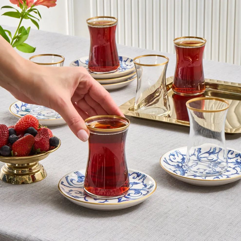 Karaca Mare 12-Piece Glass Turkish Tea Set for 6 People, 170ml, Transparent