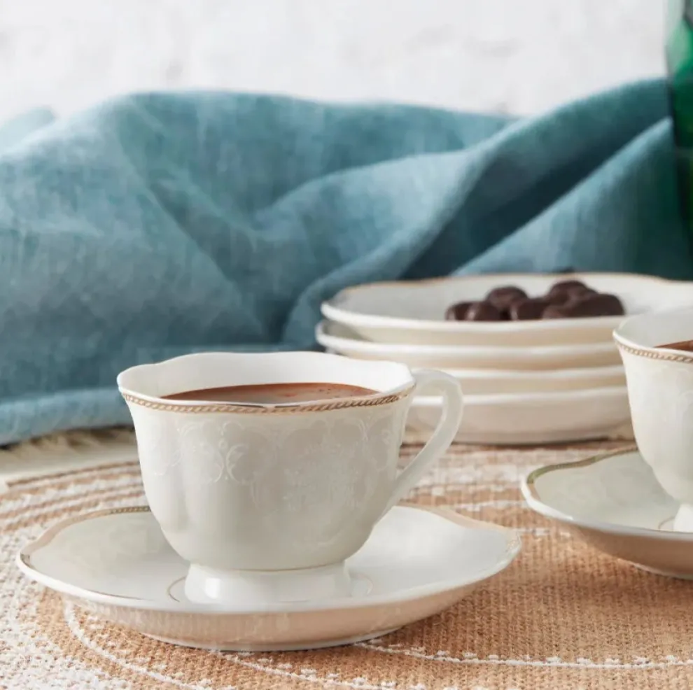Karaca Margaret 12-Piece Porcelain Espresso Turkish Coffee Cup Set for 6 People, 80ml, White