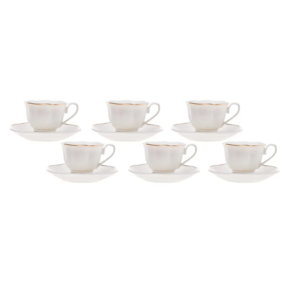 Karaca Margaret 12-Piece Porcelain Espresso Turkish Coffee Cup Set for 6 People, 80ml, White