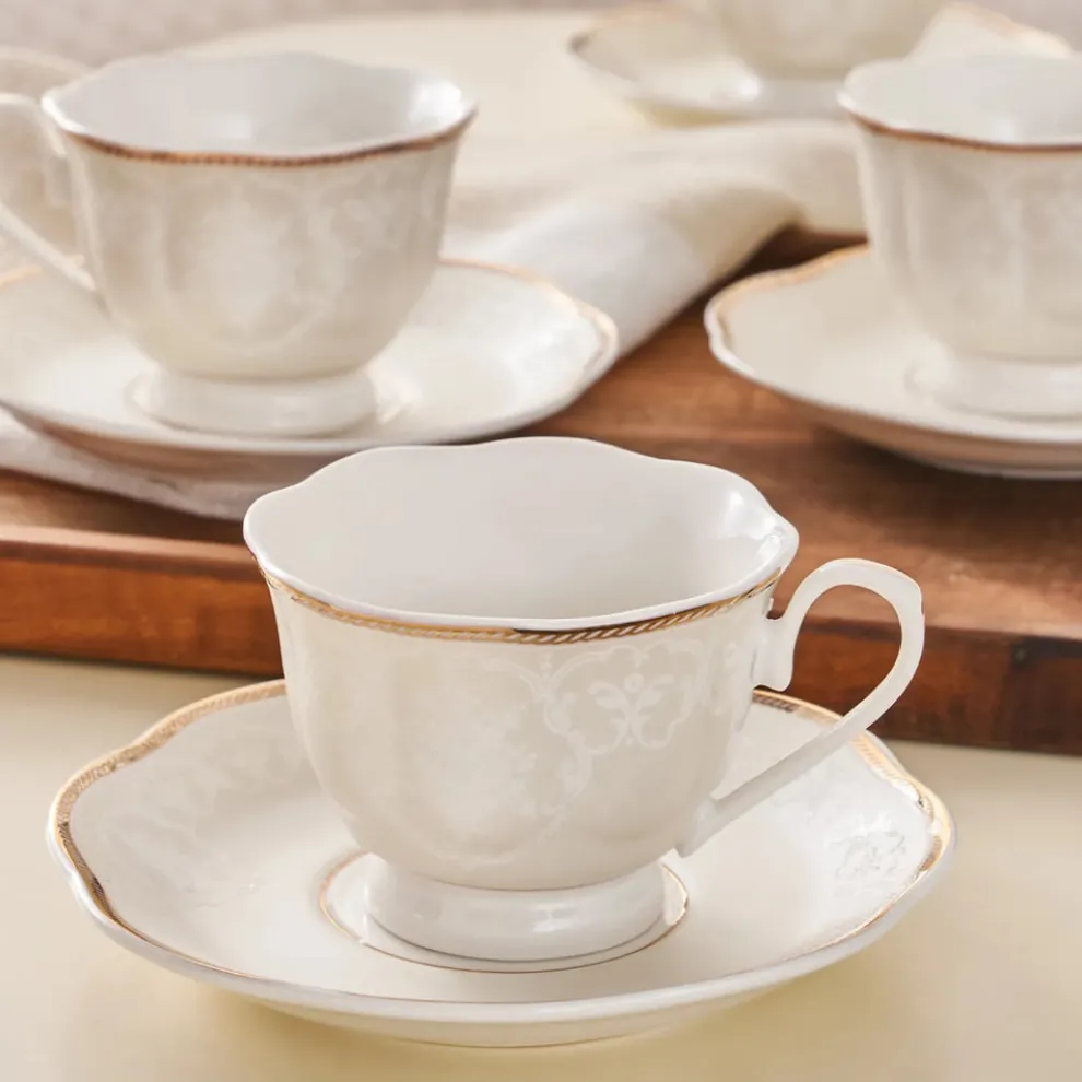 Karaca Margaret 12-Piece Porcelain Espresso Turkish Coffee Cup Set for 6 People, 80ml, White