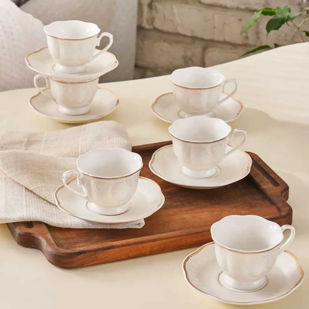 Karaca Margaret 12-Piece Porcelain Espresso Turkish Coffee Cup Set for 6 People, 80ml, White