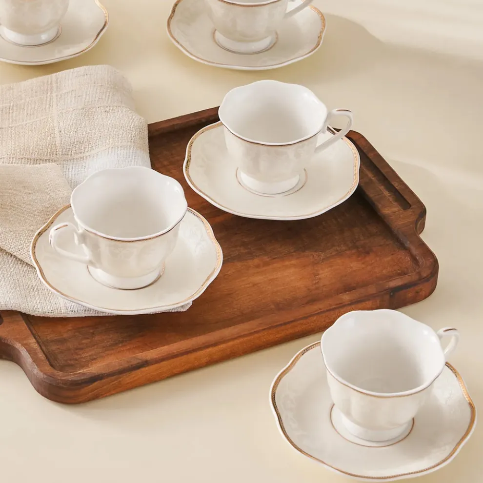 Karaca Margaret 12-Piece Porcelain Espresso Turkish Coffee Cup Set for 6 People, 80ml, White