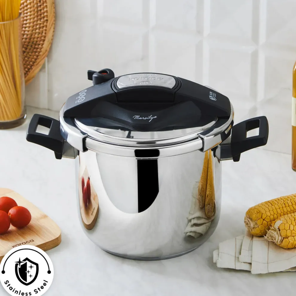 Karaca Marsilya Stainless Steel Induction Pressure Cooker Set, 7L, Silver Black