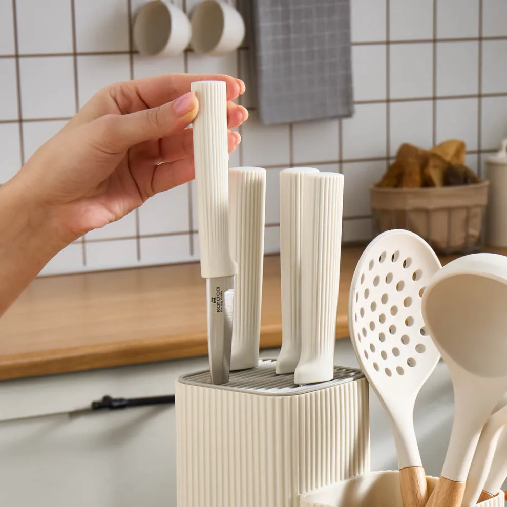 Karaca Massimo 12-Piece Knife Block Set, Chopping Board and Kitchen Utensil Set, Cream